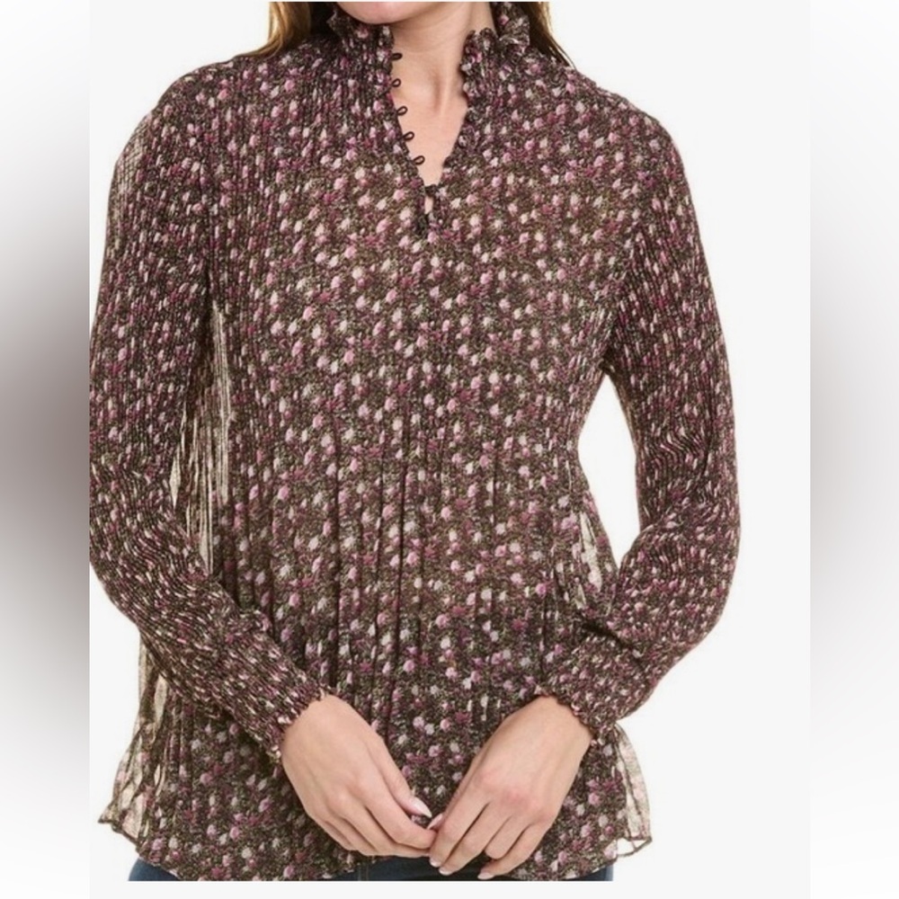 CAbi Knife Pleat Floral Sheer High Neck Blouse brown pink smocked cuff, neck Lg